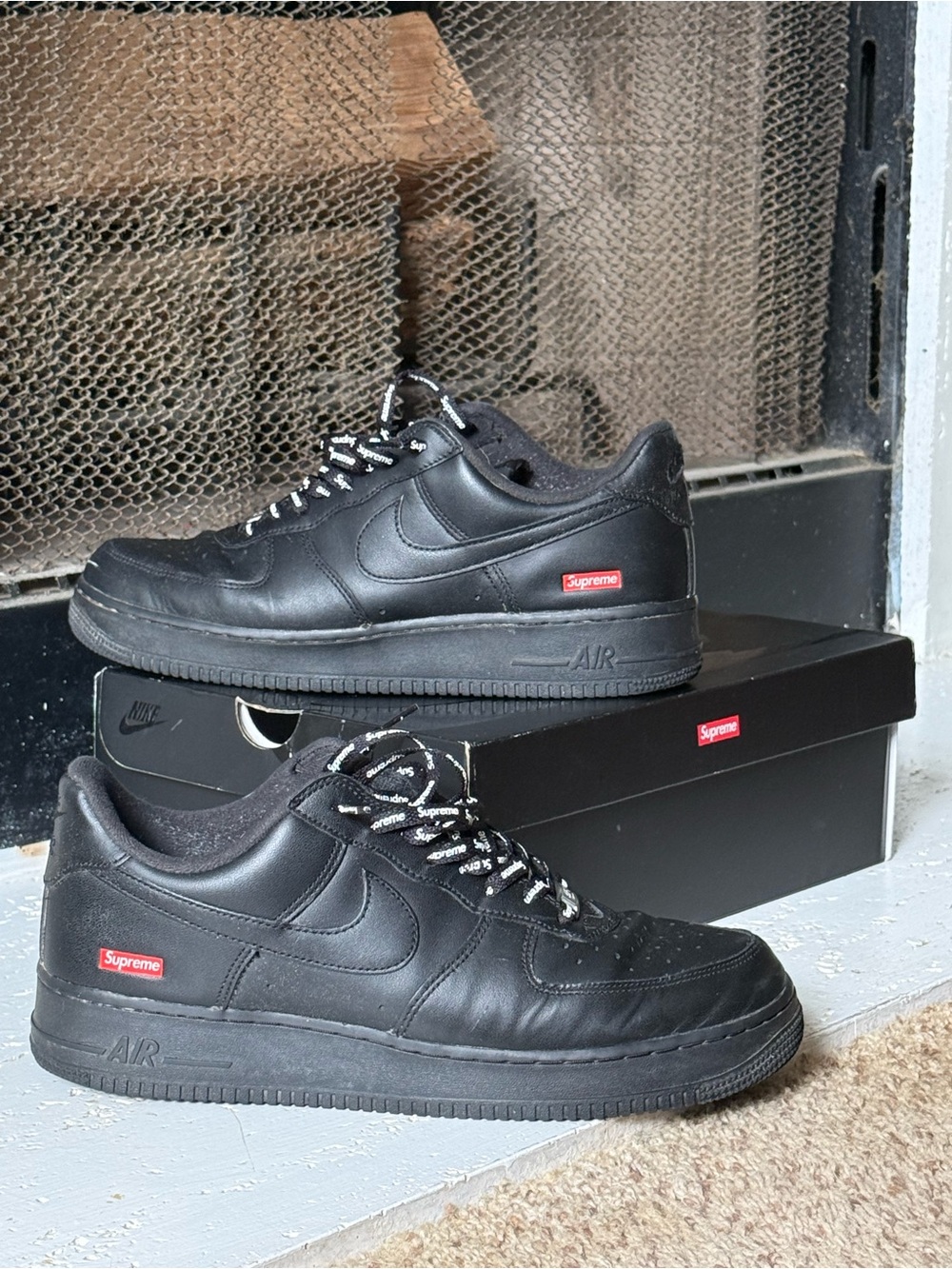 Supreme x Nike Black Leather Low-Top Sneakers with Red Box Logo